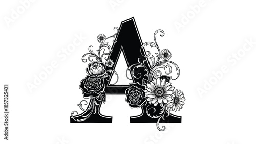 Decorative black letter A featuring intricate floral designs and flourishes