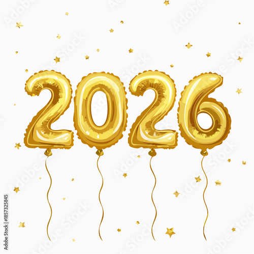Golden balloons celebrate the year 2026 with festive confetti