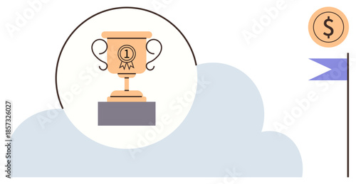 Trophy with a ribbon on a podium encircled by a cloud, alongside a coin and flag. Ideal for success, achievement, competition, goals, reward, leadership, motivation and simple flat metaphor