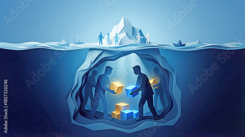 Paper Cut Art of Iceberg Illusion Showing Surface Success and Hidden Hard Work Below Water
