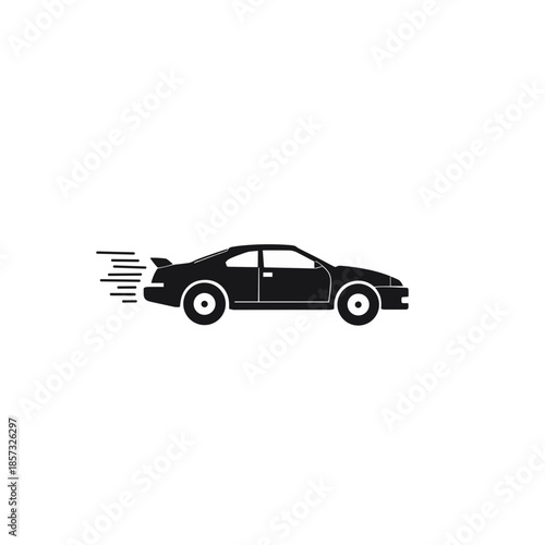Icon of a speeding car in black and white minimalist design, showcasing motion