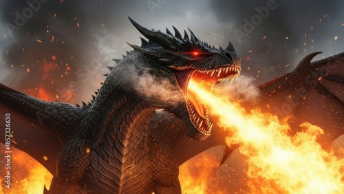 Fierce dragon breathing fire in dark ominous sky with intense flames