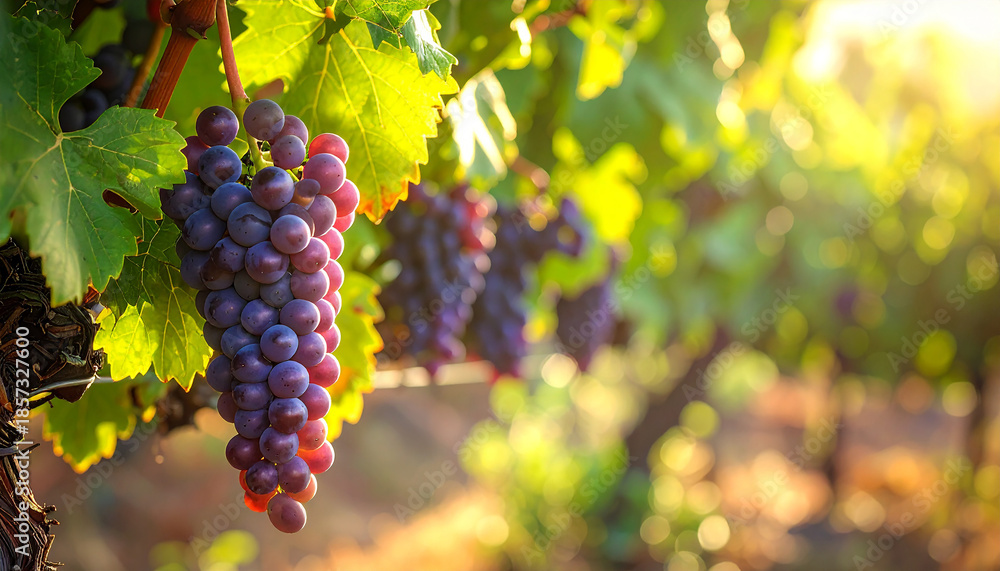 Fototapeta premium Reddish-purple grapes on a vine with sunlit vineyard rows in the background Keywords: grape, vineyard, red grapes