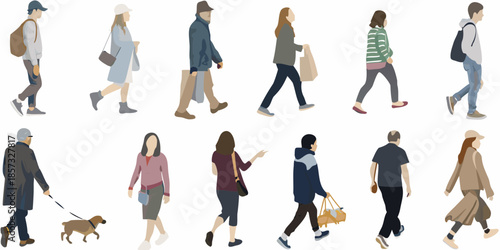 Diverse group of people in minimalist vector style walking and commuting