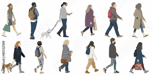 Diverse group of people walking illustrated in a simplified flat vector style