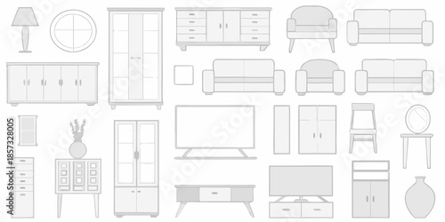 A collection of gray furniture outlines including sofas cabinets and a television