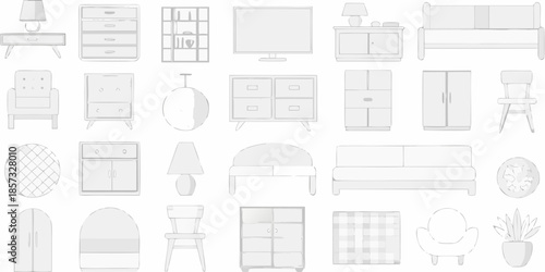Collection of minimalist furniture items displayed in a simple monochrome style