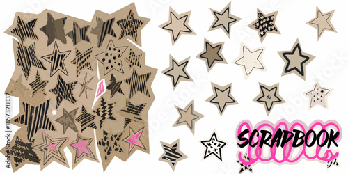 Assorted paper stars and scrapbook elements arranged on a light background