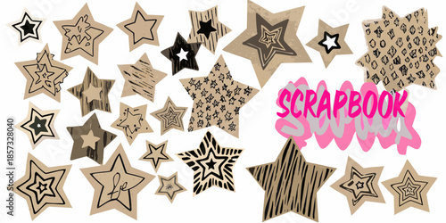 A collection of decorative stars and a scrapbook title on a white background