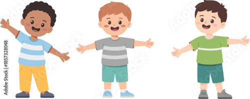 Group of cartoon boys with open arms, happy children illustration, smiling diverse kids, childhood friendship, vector design, isolated characters.