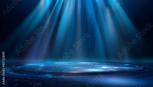 Illuminated stage with shimmering light beams and a circular platform creating a dramatic and ethereal atmosphere for presentations or performances