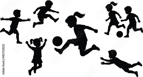 Set of Children Silhouette Illustrations Playing Soccer with Boys and Girls Running, Jumping, and Kicking Balls Isolated on White for Sports Design,
