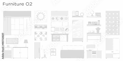 Flat design furniture icons and elements arranged in a grey scale composition