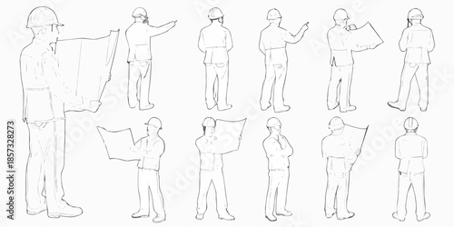 Line art depiction of construction workers in various poses with hard hats