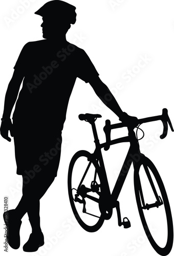 Silhouette of a Male Cyclist Wearing Helmet Leaning Against a Road Bicycle and Looking Away, Isolated on White Background for Sports Design,
