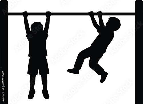 Silhouette of Two Boys Playing on a Horizontal Bar at a Playground, Hanging and Swinging for Fitness, Healthy Childhood, and Outdoor Recreation Design,