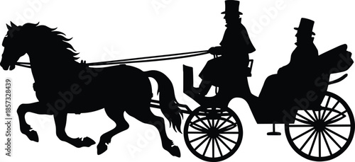 Vintage Silhouette of a Horse Drawn Carriage with a Coachman and Passenger in Top Hats, Isolated on White for Historical Transportation Design,