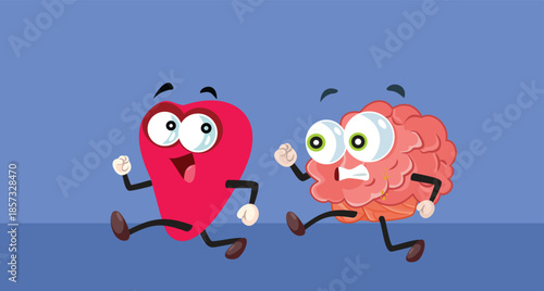 Cartoon Heart Chased by Brain Mascot Vector Illustration. Romantic feelings versus logic and rationality in a competition
  