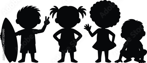 Group of happy children silhouette posing with peace signs, surfer board, playful gestures, fun vector art for summer illustrations