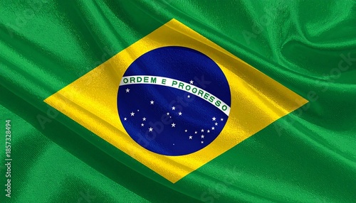 Flag of Brazil with green field, yellow diamond, blue globe with stars, and “Ordem e Progresso” banner