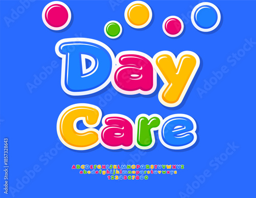 Vector Children logo Daycare. Bright Cartoon style Font. Glossy set of Sweet Colorful Alphabet Letters and Numbers
