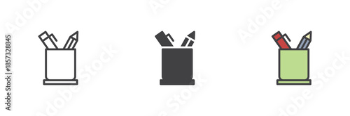 Pencil holder line, solid and colorful different style icon set pack
