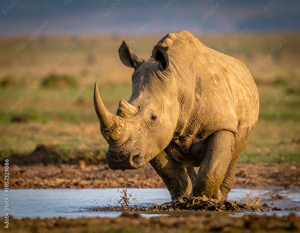 Fototapeta premium Large rhino wading in muddy water, splashes as it moves
