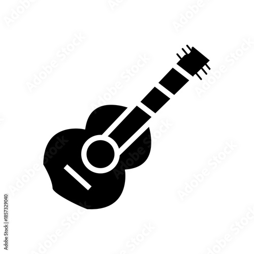 Black silhouette icon of an acoustic guitar. Simple vector design symbolizing music, musical instrument, entertainment, creativity, and performance.