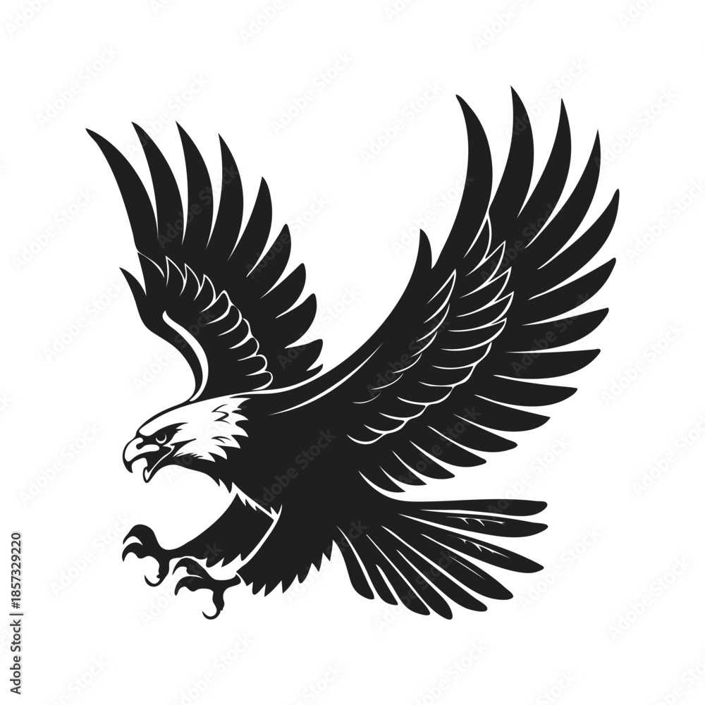Obraz premium Fierce eagle mascot with spread wings in an aggressive landing pose. Vector illustration emblem isolated on a white background.