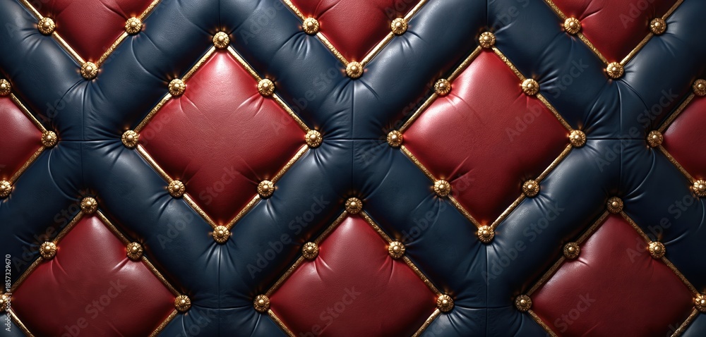 Obraz premium Red, blue leather upholstery with gold trim forms diamond patterns. Luxurious texture provides classic, regal feel. Rich material suggests comfort, high-end design. Use plush material for backgrounds.
