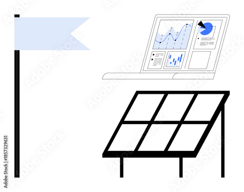 Renewable energy, solar power, data analysis, technology, sustainability, innovation. Solar panel, flag and laptop with graphs displayed. Renewable energy and solar power concept