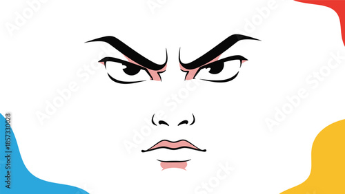 Intense male face showing an angry or serious expression with focused eyes and furrowed brows against a minimalist backdrop.