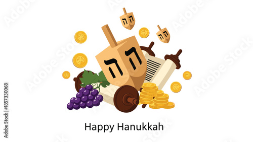 Festive Hanukkah illustration including dreidels, a Torah scroll, coins, and grapes to celebrate the Jewish Festival of Lights.