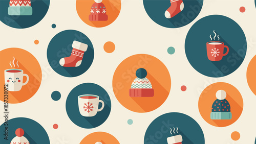 Charming seamless pattern featuring winter accessories like knit hats, warm stockings, and steaming mugs of hot cocoa on circles.