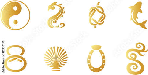 Golden Symbols of Yin Yang Dragon Knot Koi Fish Shell Horseshoe and Abstract Design Elements on White Background