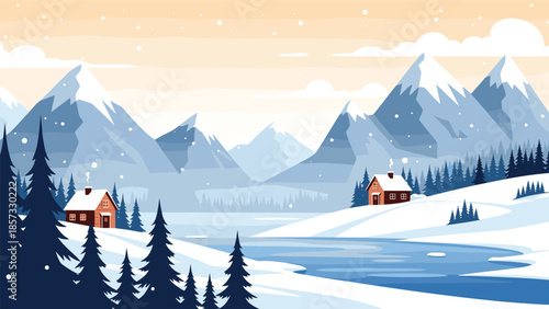 Picturesque winter landscape featuring small cozy houses nestled among snowy mountains and a frozen lake with pine forests.