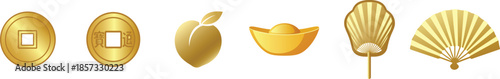 Golden Symbols of Wealth and Prosperity Featuring Coins Ingots Peach Fans for Chinese New Year Celebration Designs