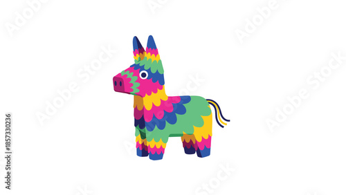 Festive and colorful donkey pinata made of layered paper in bright pink, yellow, blue, and green for a Mexican party celebration.