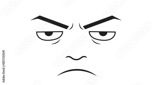 Simple line drawing of a male face showing a bored, grumpy, or unimpressed expression with heavy eyelids and a downward mouth.