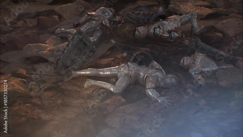 medieval battlefield, defeated warriors, knights at the end of the battle, 3D render