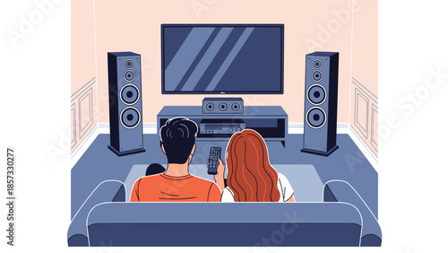 Rear view of a man and a woman sitting on a couch in a living room watching a large screen television with speakers.