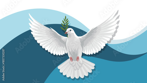 Graceful white dove flying with an olive branch in its beak against a stylized blue wave background symbolizing global peace.