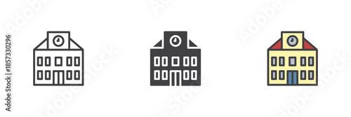 School building line, solid and colorful different style icon set pack