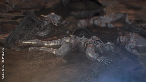 medieval battlefield, defeated warriors, knights at the end of the battle, 3D render
