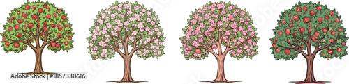 Hand drawn apple tree collection, blooming floral tree illustration, fruit tree vector, botanical orchard art, seasonal apple blossom design