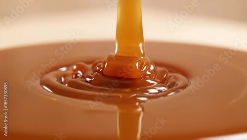 Delicious caramel sauce pouring into a bowl creating a sweet treat.