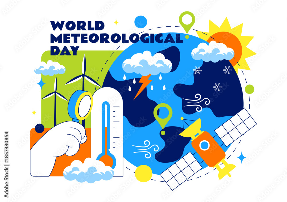 Obraz premium World Meteorological Day Vector Illustration on March 23 Featuring Earth Map Meteorological Science Weather Research Flat Style Background