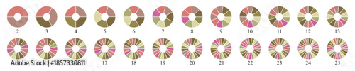 Circle pie chart diagram. Pie chart color icons. Colorful diagram collection with 2, 3, 4, 5, 6, 7, 8, 9, 10, 11, 12, 13, 14, 15, 16, 17, 18, 19, 20, 21, 22, 23, 25 segment infographic pie chart icons