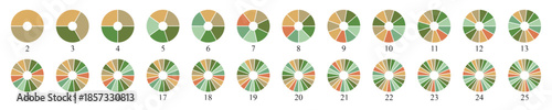 Circle pie chart diagram. Pie chart color icons. Colorful diagram collection with 2, 3, 4, 5, 6, 7, 8, 9, 10, 11, 12, 13, 14, 15, 16, 17, 18, 19, 20, 21, 22, 23, 25 segment infographic pie chart icons