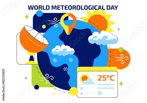 World Meteorological Day Vector Illustration on March 23 Featuring Earth Map Meteorological Science Weather Research Flat Style Background